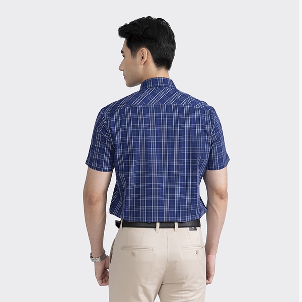 Áo Sơ Mi Nam Ngắn Tay Aristino ASS320S2 Dáng Regular Fit Có Túi Màu Xanh Kẻ Trắng Vải Sợi Sồi