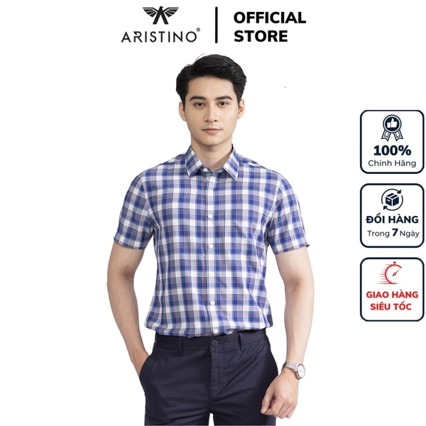 Áo Sơ Mi Nam Ngắn Tay Aristino ASS346S2 màu trắng kẻ xanh