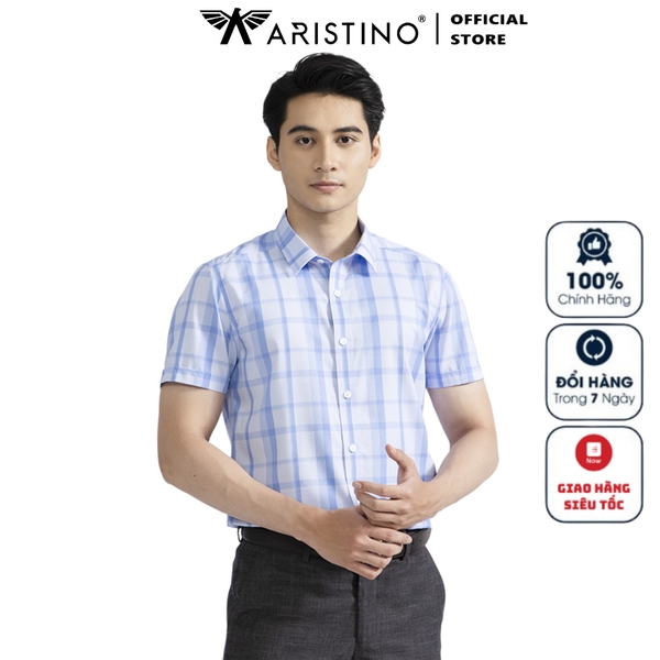 Áo Sơ Mi Nam Ngắn Tay Aristino ASS441S2 Màu xanh kẻ dệt dáng ôm tà lượn không túi vải sợi sồi cao cấp