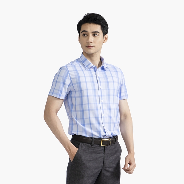 Áo Sơ Mi Nam Ngắn Tay Aristino ASS441S2 Màu xanh kẻ dệt dáng ôm tà lượn không túi vải sợi sồi cao cấp
