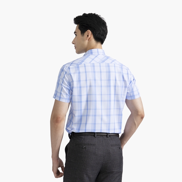 Áo Sơ Mi Nam Ngắn Tay Aristino ASS441S2 Màu xanh kẻ dệt dáng ôm tà lượn không túi vải sợi sồi cao cấp