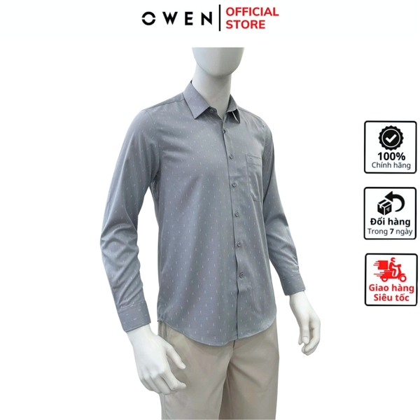 Áo sơ mi nam tay dài Owen AF255088DT màu xám họa tiết chấm bi dáng suông Plus size tà lượn có túi chất liệu bamboo spandex