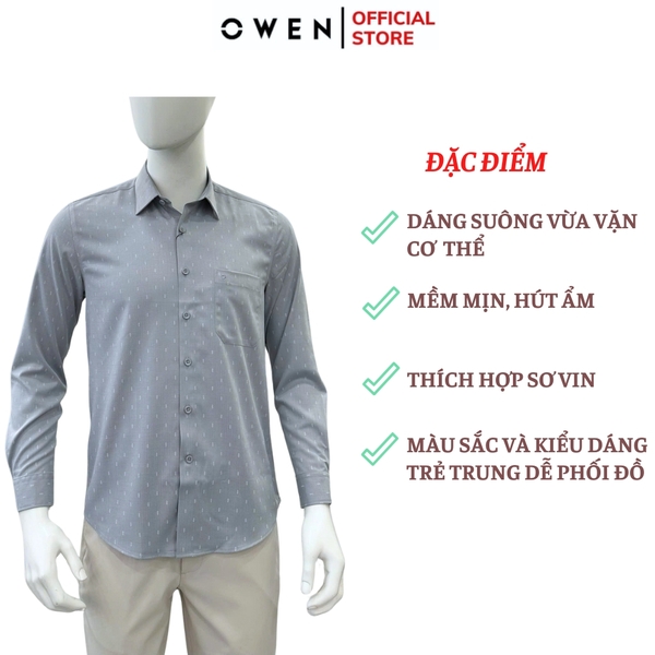 Áo sơ mi nam tay dài Owen AF255088DT màu xám họa tiết chấm bi dáng suông Plus size tà lượn có túi chất liệu bamboo spandex