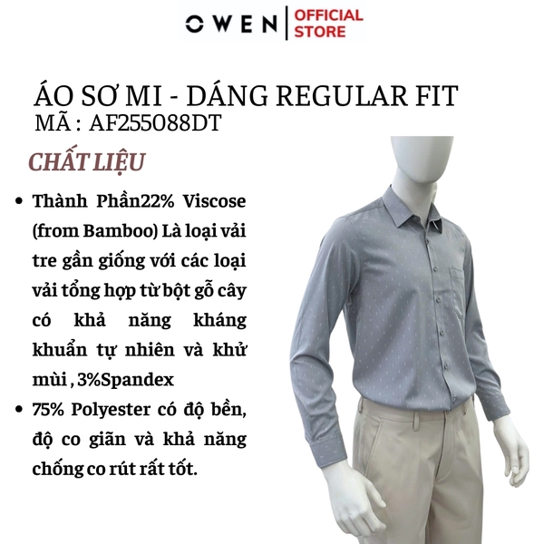Áo sơ mi nam tay dài Owen AF255088DT màu xám họa tiết chấm bi dáng suông Plus size tà lượn có túi chất liệu bamboo spandex