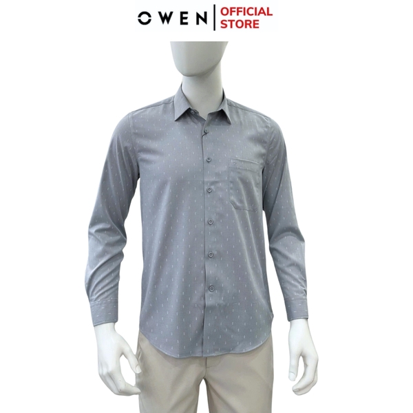 Áo sơ mi nam tay dài Owen AF255088DT màu xám họa tiết chấm bi dáng suông Plus size tà lượn có túi chất liệu bamboo spandex