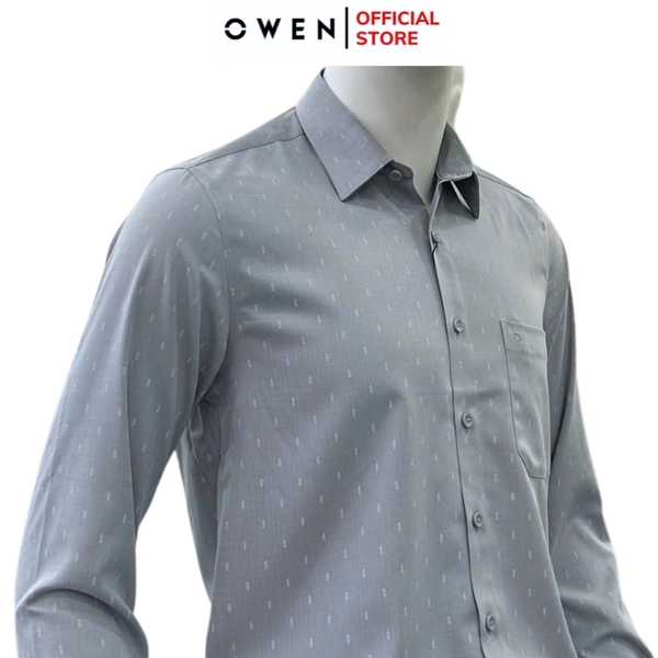 Áo sơ mi nam tay dài Owen AF255088DT màu xám họa tiết chấm bi dáng suông Plus size tà lượn có túi chất liệu bamboo spandex