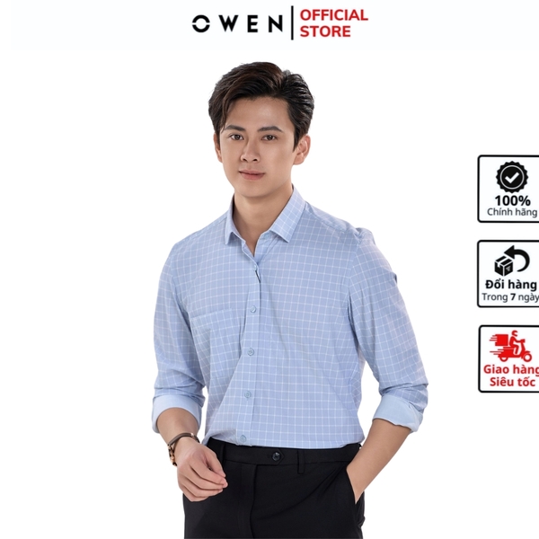 Áo sơ mi nam tay dài Owen AR230518DT màu xám đá kẻ caro dáng suông regular fit tà lượn có túi chất liệu nylon spandex