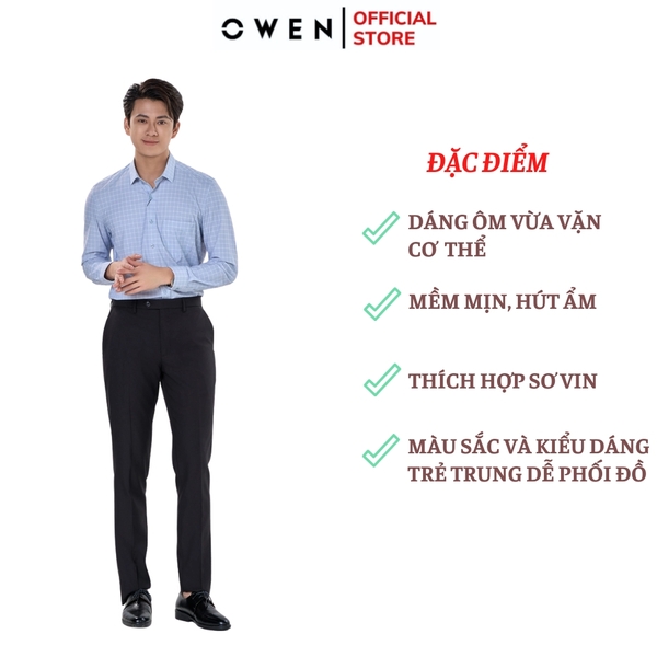 Áo sơ mi nam tay dài Owen AR230518DT màu xám đá kẻ caro dáng suông regular fit tà lượn có túi chất liệu nylon spandex