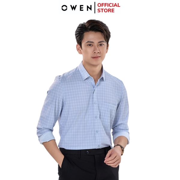 Áo sơ mi nam tay dài Owen AR230518DT màu xám đá kẻ caro dáng suông regular fit tà lượn có túi chất liệu nylon spandex