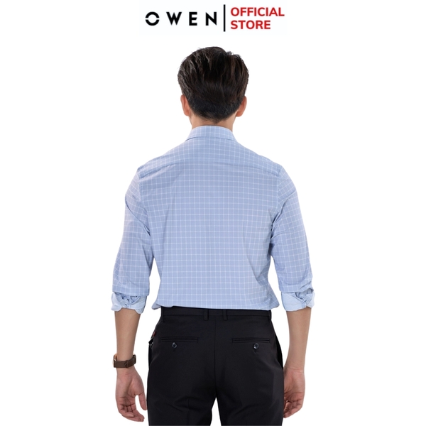 Áo sơ mi nam tay dài Owen AR230518DT màu xám đá kẻ caro dáng suông regular fit tà lượn có túi chất liệu nylon spandex