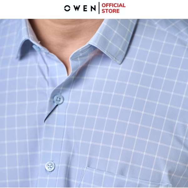 Áo sơ mi nam tay dài Owen AR230518DT màu xám đá kẻ caro dáng suông regular fit tà lượn có túi chất liệu nylon spandex