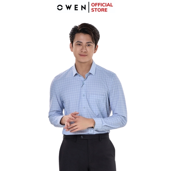 Áo sơ mi nam tay dài Owen AR230518DT màu xám đá kẻ caro dáng suông regular fit tà lượn có túi chất liệu nylon spandex