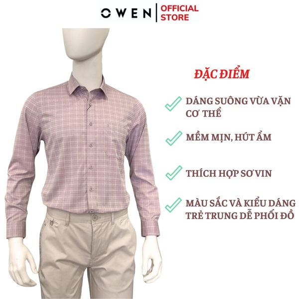 Áo sơ mi nam tay dài Owen AR250357DT màu hồng đậm kẻ caro dáng suông regular fit tà lượn có túi chất liệu bamboo poly