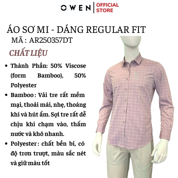 Áo sơ mi nam tay dài Owen AR250357DT màu hồng đậm kẻ caro dáng suông regular fit tà lượn có túi chất liệu bamboo poly