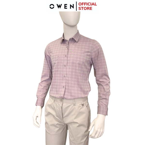 Áo sơ mi nam tay dài Owen AR250357DT màu hồng đậm kẻ caro dáng suông regular fit tà lượn có túi chất liệu bamboo poly