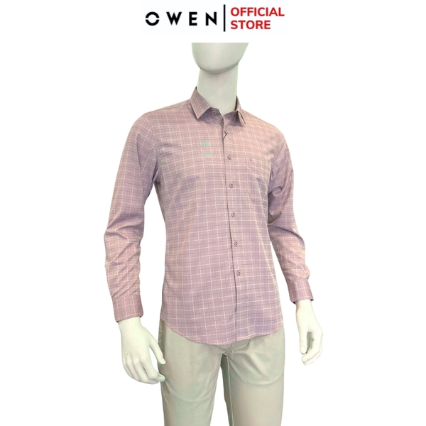 Áo sơ mi nam tay dài Owen AR250357DT màu hồng đậm kẻ caro dáng suông regular fit tà lượn có túi chất liệu bamboo poly