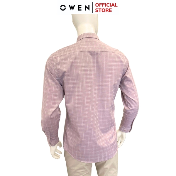 Áo sơ mi nam tay dài Owen AR250357DT màu hồng đậm kẻ caro dáng suông regular fit tà lượn có túi chất liệu bamboo poly