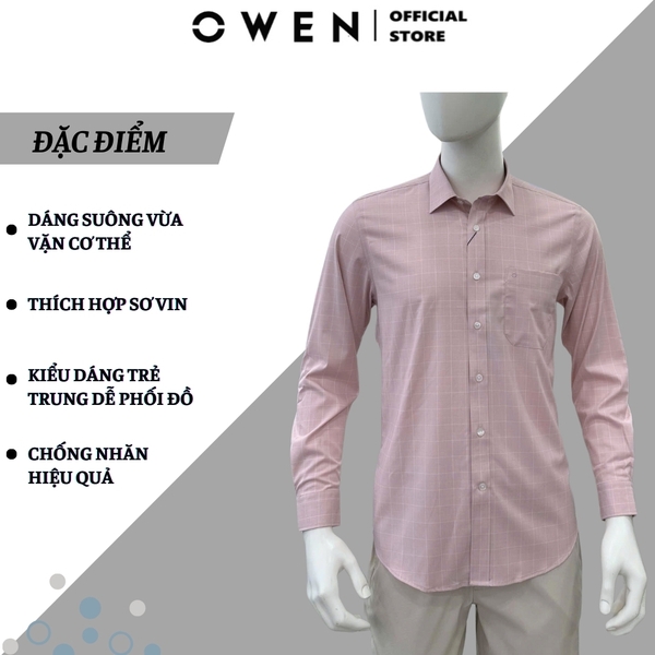 Áo sơ mi nam tay dài Owen AR255027DT màu hồng kẻ caro dáng suông regular fit tà lượn có túi chất liệu bamboo spandex