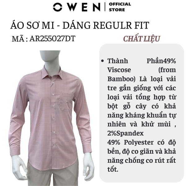 Áo sơ mi nam tay dài Owen AR255027DT màu hồng kẻ caro dáng suông regular fit tà lượn có túi chất liệu bamboo spandex
