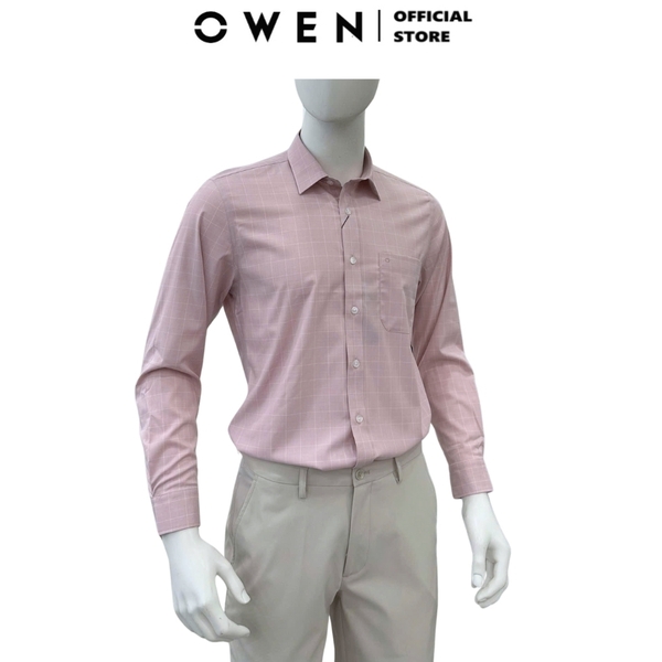 Áo sơ mi nam tay dài Owen AR255027DT màu hồng kẻ caro dáng suông regular fit tà lượn có túi chất liệu bamboo spandex