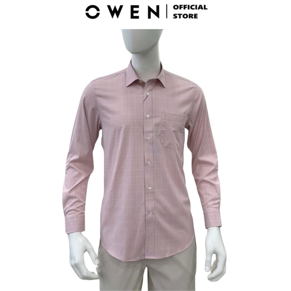 Áo sơ mi nam tay dài Owen AR255027DT màu hồng kẻ caro dáng suông regular fit tà lượn có túi chất liệu bamboo spandex