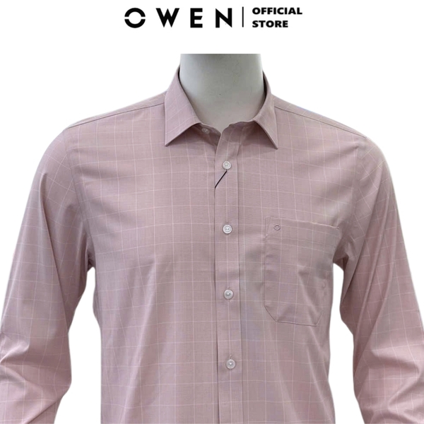Áo sơ mi nam tay dài Owen AR255027DT màu hồng kẻ caro dáng suông regular fit tà lượn có túi chất liệu bamboo spandex