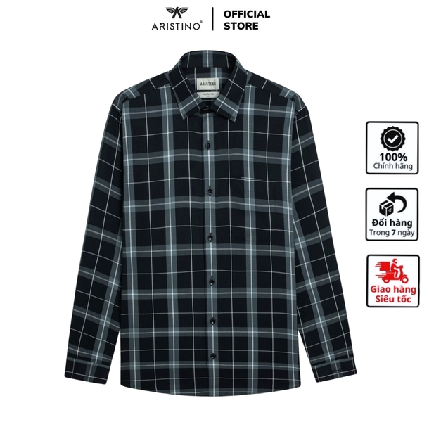 Áo Sơ Mi Nam Dài Tay Aristino ALS1710Z màu đen kẻ trắng dáng suông vừa regular fit tà lượn