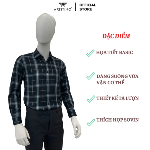 Áo Sơ Mi Nam Dài Tay Aristino ALS1710Z màu đen kẻ trắng dáng suông vừa regular fit tà lượn
