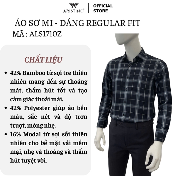 Áo Sơ Mi Nam Dài Tay Aristino ALS1710Z màu đen kẻ trắng dáng suông vừa regular fit tà lượn