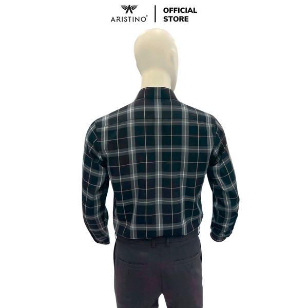 Áo Sơ Mi Nam Dài Tay Aristino ALS1710Z màu đen kẻ trắng dáng suông vừa regular fit tà lượn