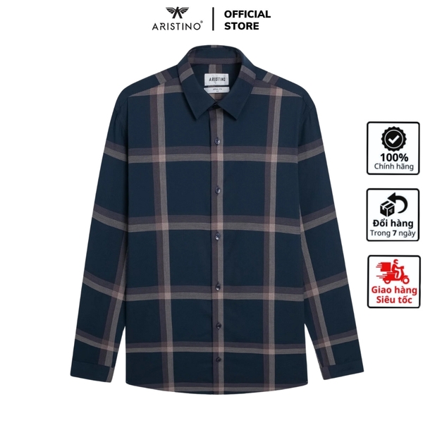Áo Sơ Mi Nam Dài Tay Aristino ALS1790Z Màu đen kẻ nâu dáng ôm slim fit tà lượn