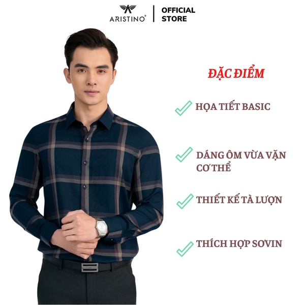Áo Sơ Mi Nam Dài Tay Aristino ALS1790Z Màu đen kẻ nâu dáng ôm slim fit tà lượn