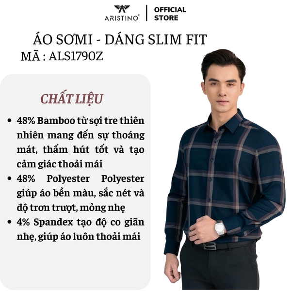 Áo Sơ Mi Nam Dài Tay Aristino ALS1790Z Màu đen kẻ nâu dáng ôm slim fit tà lượn