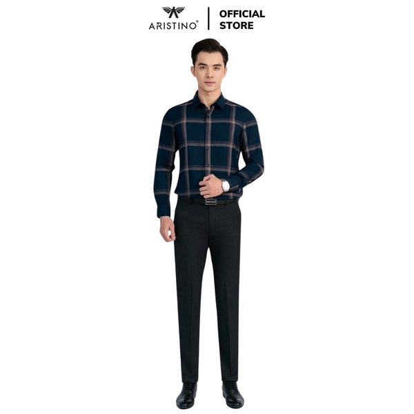 Áo Sơ Mi Nam Dài Tay Aristino ALS1790Z Màu đen kẻ nâu dáng ôm slim fit tà lượn