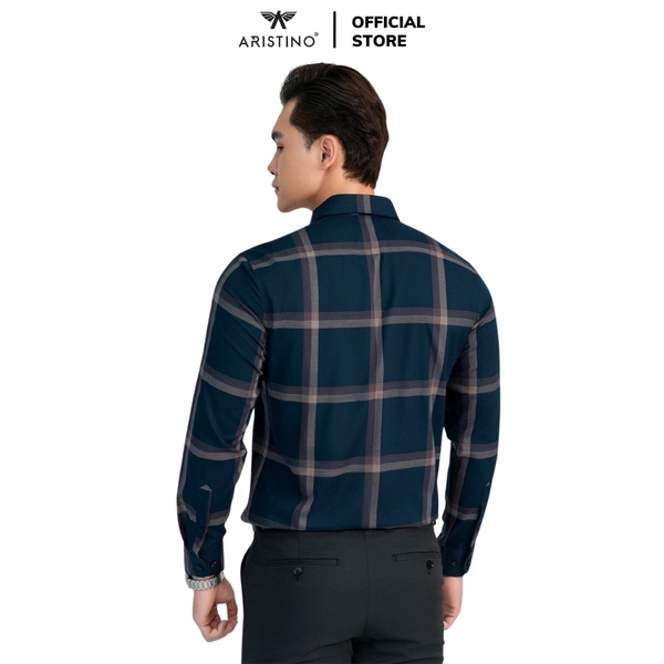 Áo Sơ Mi Nam Dài Tay Aristino ALS1790Z Màu đen kẻ nâu dáng ôm slim fit tà lượn
