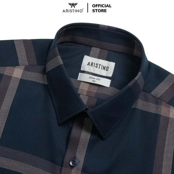 Áo Sơ Mi Nam Dài Tay Aristino ALS1790Z Màu đen kẻ nâu dáng ôm slim fit tà lượn