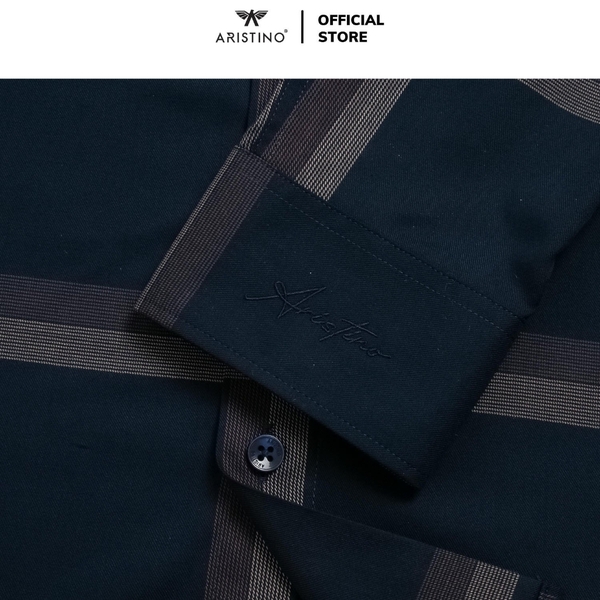 Áo Sơ Mi Nam Dài Tay Aristino ALS1790Z Màu đen kẻ nâu dáng ôm slim fit tà lượn