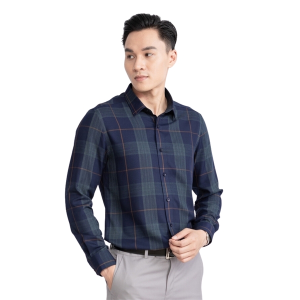 Áo Sơ Mi Nam Dài Tay Aristino ALS23903 màu Xanh tím than kẻ chất liệu sợi tre dáng slim fit không túi ngực