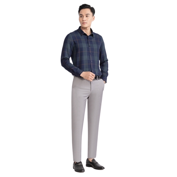 Áo Sơ Mi Nam Dài Tay Aristino ALS23903 màu Xanh tím than kẻ chất liệu sợi tre dáng slim fit không túi ngực