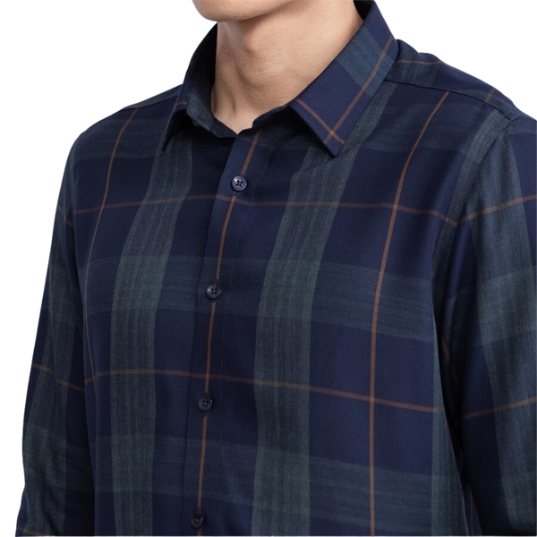 Áo Sơ Mi Nam Dài Tay Aristino ALS23903 màu Xanh tím than kẻ chất liệu sợi tre dáng slim fit không túi ngực