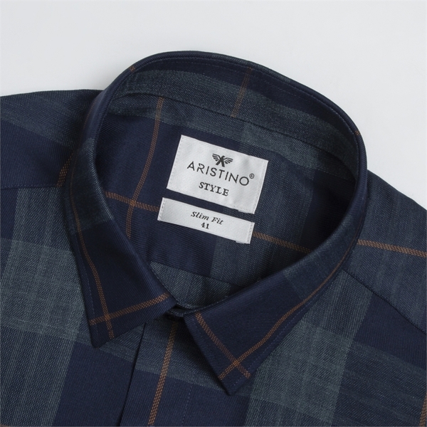 Áo Sơ Mi Nam Dài Tay Aristino ALS23903 màu Xanh tím than kẻ chất liệu sợi tre dáng slim fit không túi ngực