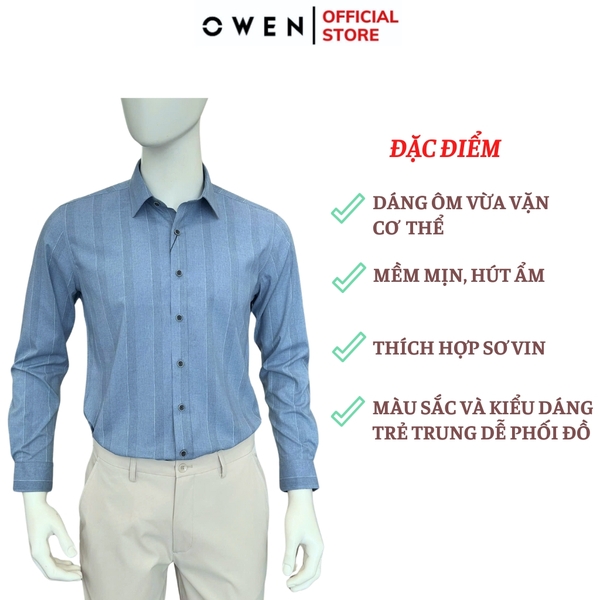 Áo sơ mi nam tay dài Owen AS250349D màu xanh đậm kẻ dọc dáng ôm slim fit là lượn không túi chất liệu modal spandex