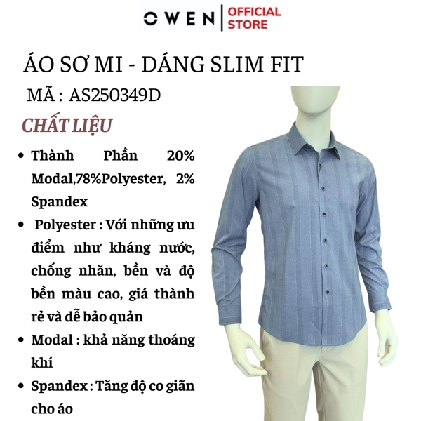 Áo sơ mi nam tay dài Owen AS250349D màu xanh đậm kẻ dọc dáng ôm slim fit là lượn không túi chất liệu modal spandex