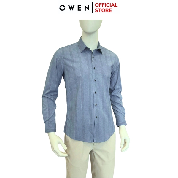 Áo sơ mi nam tay dài Owen AS250349D màu xanh đậm kẻ dọc dáng ôm slim fit là lượn không túi chất liệu modal spandex