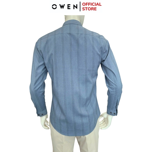 Áo sơ mi nam tay dài Owen AS250349D màu xanh đậm kẻ dọc dáng ôm slim fit là lượn không túi chất liệu modal spandex