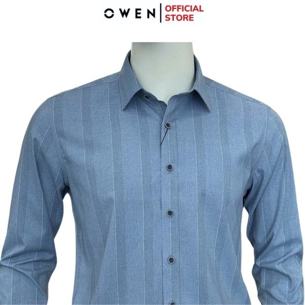 Áo sơ mi nam tay dài Owen AS250349D màu xanh đậm kẻ dọc dáng ôm slim fit là lượn không túi chất liệu modal spandex