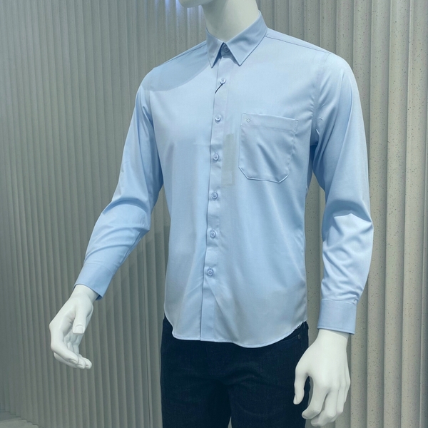 Áo Sơ Mi Nam Tay Dài Owen AR230540DT màu dobby xanh nhạt dáng regular fit tà lượn có túi vải sợi tre