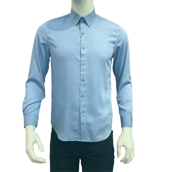 Áo Sơ Mi Nam Tay Dài Owen AS230539D màu kẻ chìm xanh dáng slim fit tà lượn không túi vải sợi tre