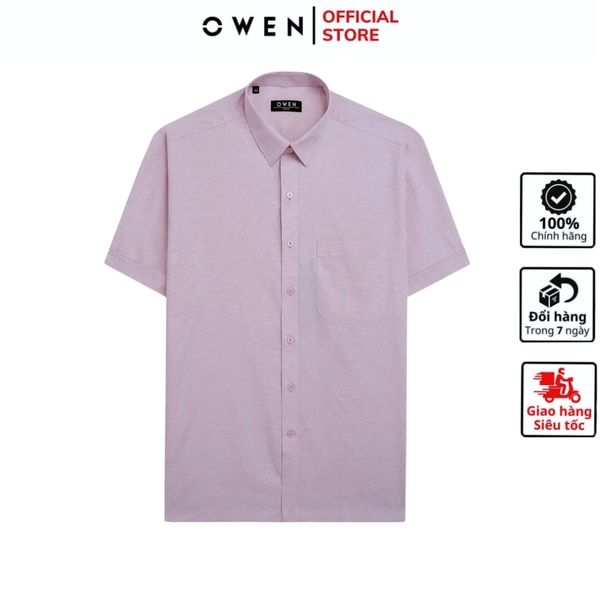 Áo sơ mi nam tay ngắn Owen AB250079NT màu hồng nhạt dáng suông body fit tà bằng có túi chất liệu Bambo linen