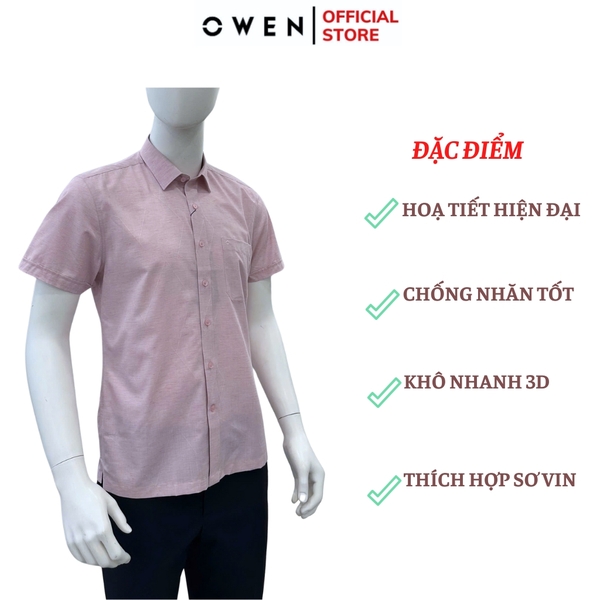 Áo sơ mi nam tay ngắn Owen AB250079NT màu hồng nhạt dáng suông body fit tà bằng có túi chất liệu Bambo linen